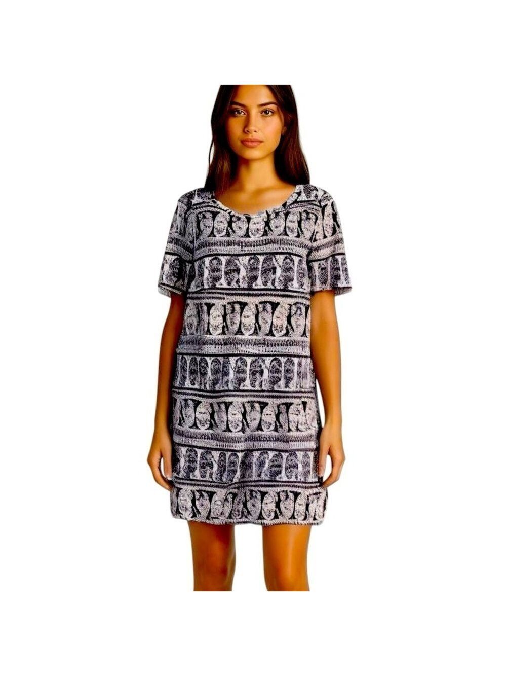 J. Crew Tee Shirt Dress Short Sleeve Navy & Ivory Boho Print 100% Cotton Medium